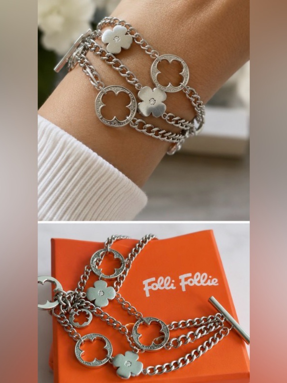 Folli Follie Designer Silver three strand bracelet heart4heart with toggle. - Picture 3 of 12